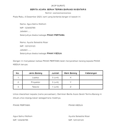 contoh surat serah terima inventaris