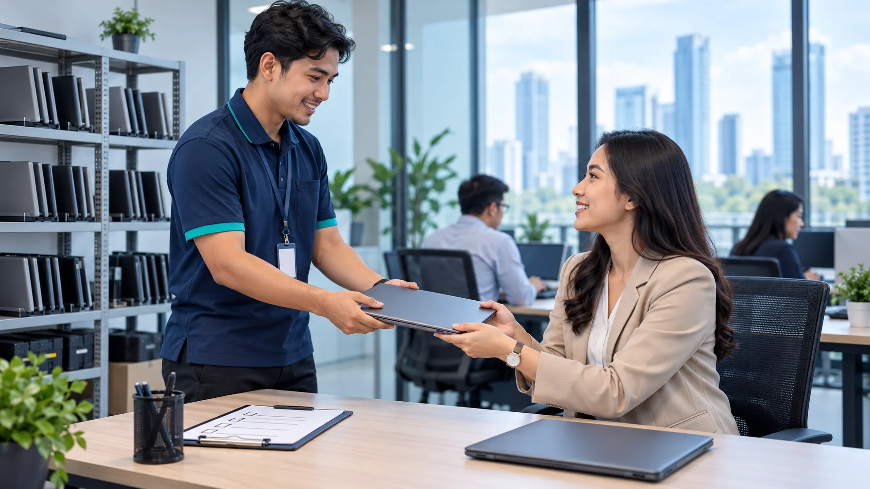 Teknisi mengganti laptop kantor dengan unit spare sesuai SLA