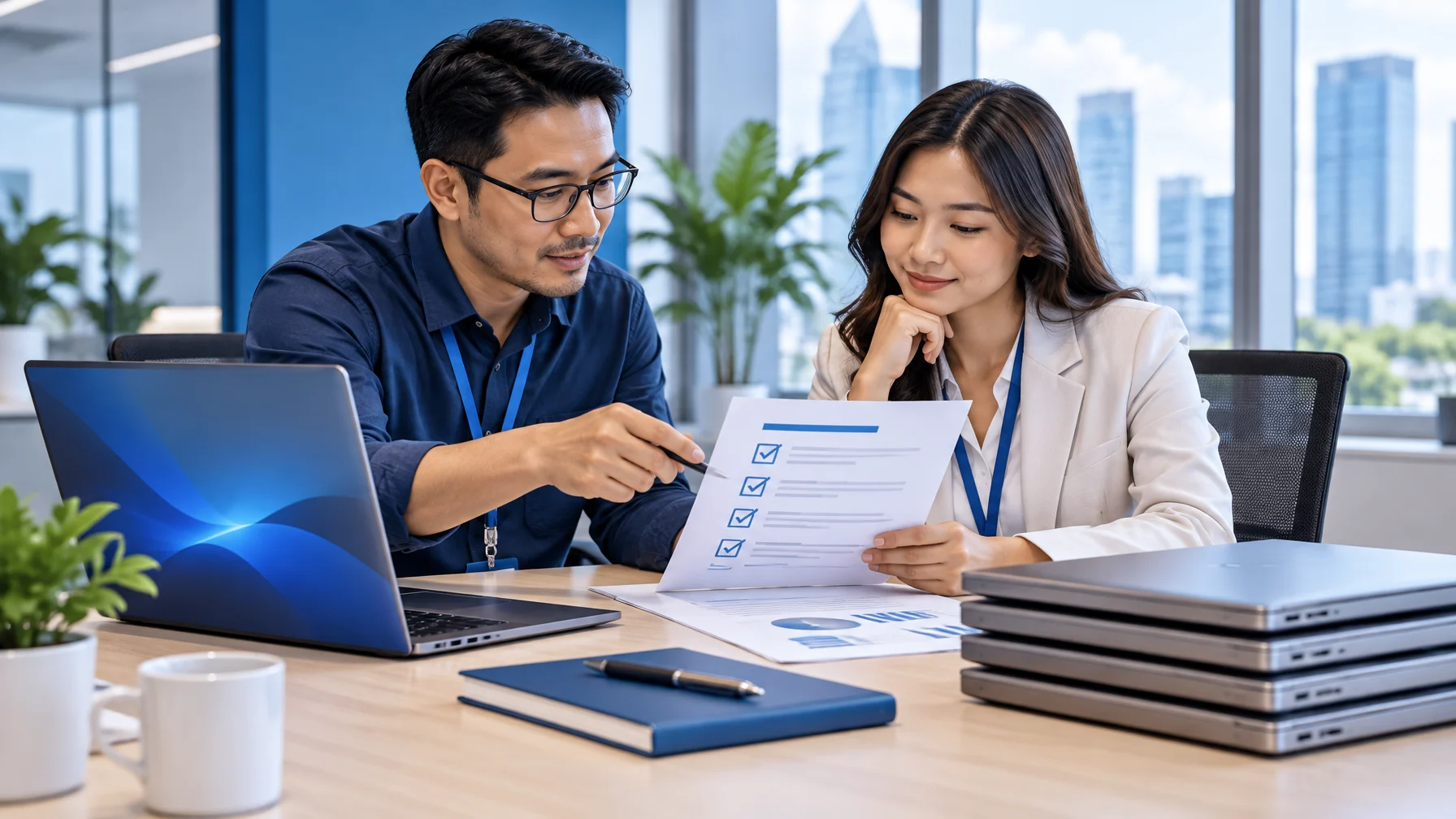 Tim procurement dan IT meninjau checklist RFP sewa laptop B2B di meja rapat kantor